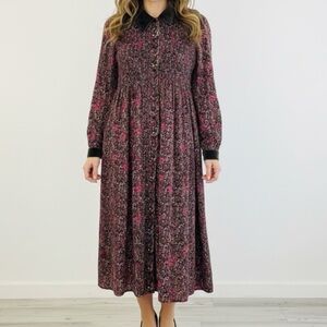 Vintage 80s Karin Stevens Brown Pink Floral Paisley Long Sleeve Midi Dress 8